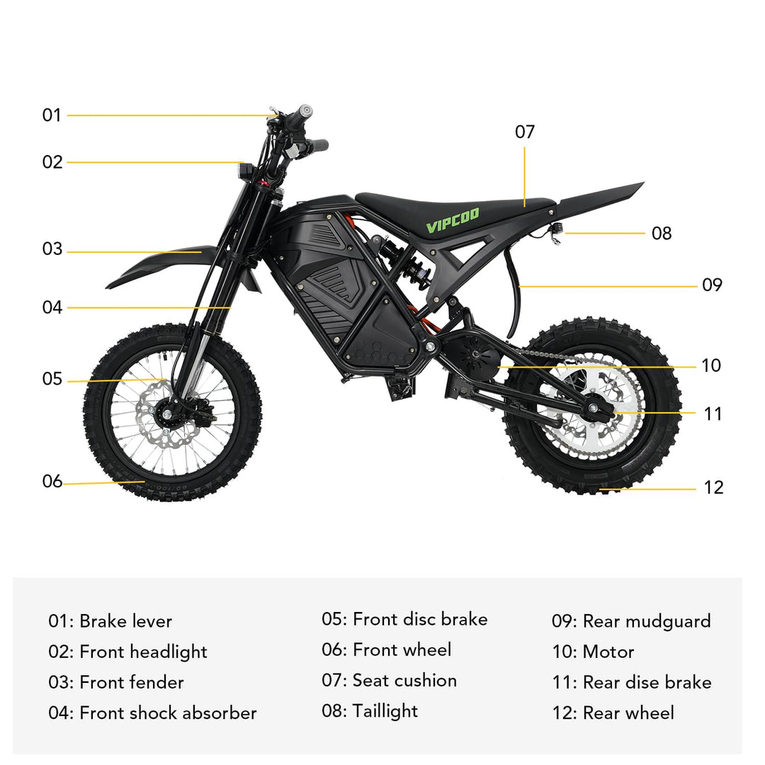 The VIPCOO H3 Electric Dirt Bike is designed for riders who want maximum power, advanced performance, and all-terrain capability in one machine. Featuring a high-torque 48V 3500W motor and a 48V 23Ah removable lithium battery, it delivers incredible acceleration (39 mph), long-range endurance (43 miles), and the confidence to conquer any trail.
