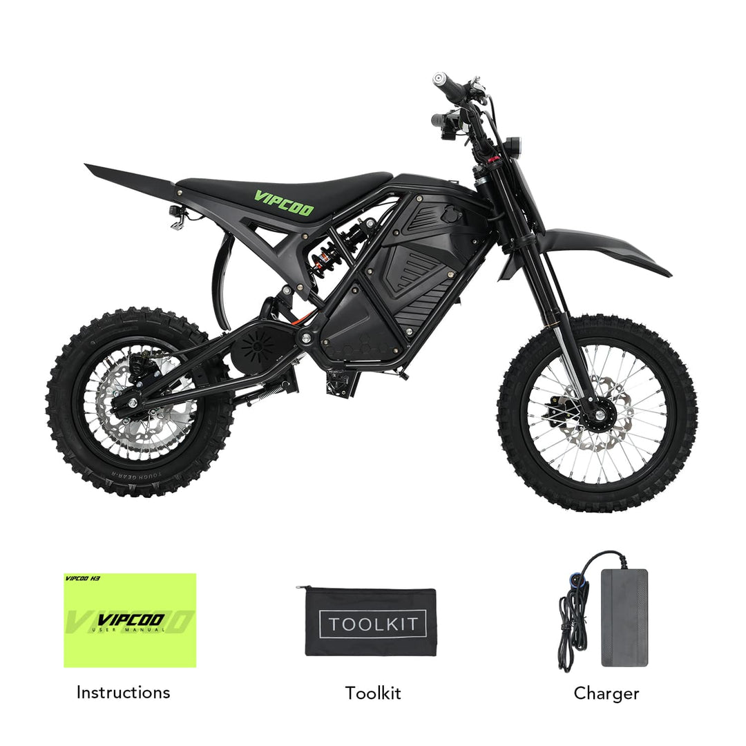 The VIPCOO H3 Electric Dirt Bike is designed for riders who want maximum power, advanced performance, and all-terrain capability in one machine. Featuring a high-torque 48V 3500W motor and a 48V 23Ah removable lithium battery, it delivers incredible acceleration (39 mph), long-range endurance (43 miles), and the confidence to conquer any trail.