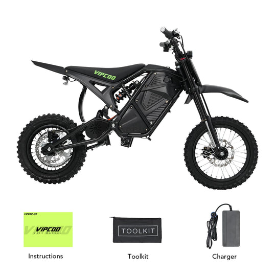 The VIPCOO H3 Electric Dirt Bike is designed for riders who want maximum power, advanced performance, and all-terrain capability in one machine. Featuring a high-torque 48V 3500W motor and a 48V 23Ah removable lithium battery, it delivers incredible acceleration (39 mph), long-range endurance (43 miles), and the confidence to conquer any trail.