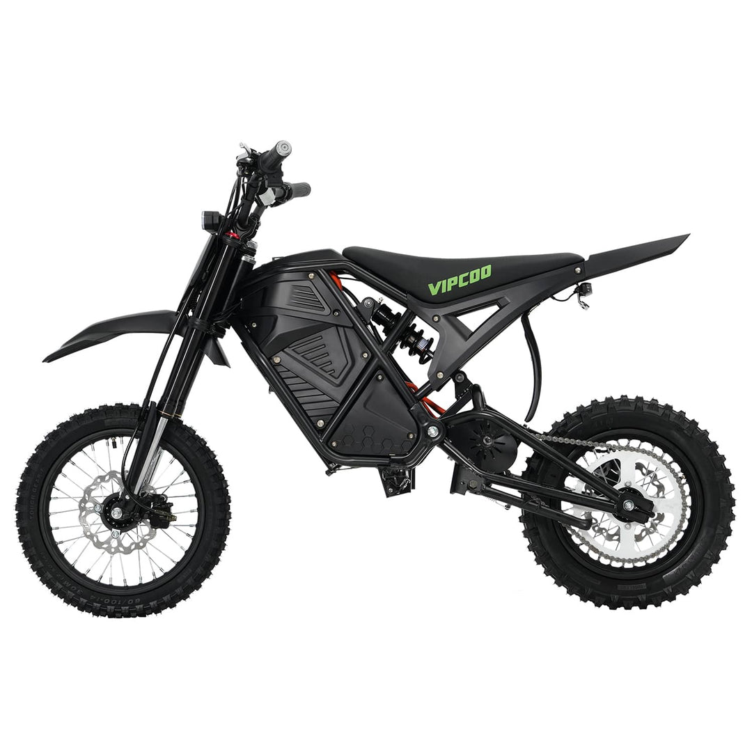The VIPCOO H3 Electric Dirt Bike is designed for riders who want maximum power, advanced performance, and all-terrain capability in one machine. Featuring a high-torque 48V 3500W motor and a 48V 23Ah removable lithium battery, it delivers incredible acceleration (39 mph), long-range endurance (43 miles), and the confidence to conquer any trail.