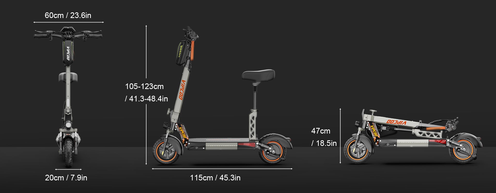 VIPCOO VS1 Foldable Electric Scooter adults with a 700W motor, 28 mph speed, 48V 13Ah battery, 19-mile range, max load 265 lbs and a removable seat.