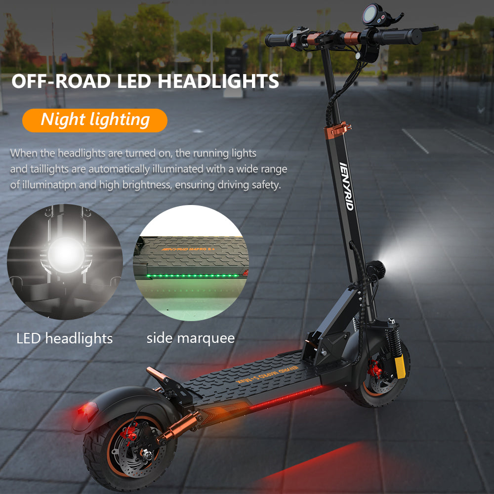 iENYRID M4 Pro S+ Max electric scooter for adults with bright LED headlight, tailight and side light.